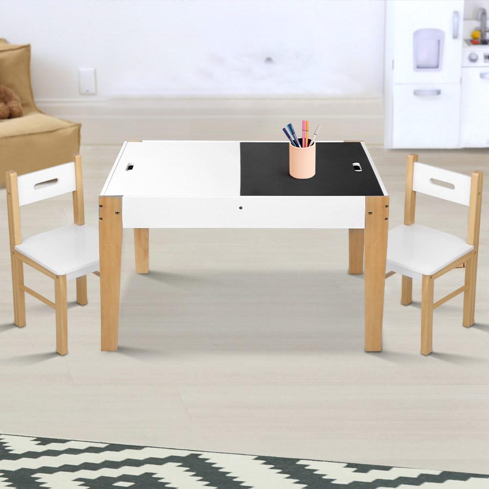 Keezi Kids Table and Chair Set featuring a reversible chalkboard top, eco-friendly materials, and four hidden storage compartments for children's toys.